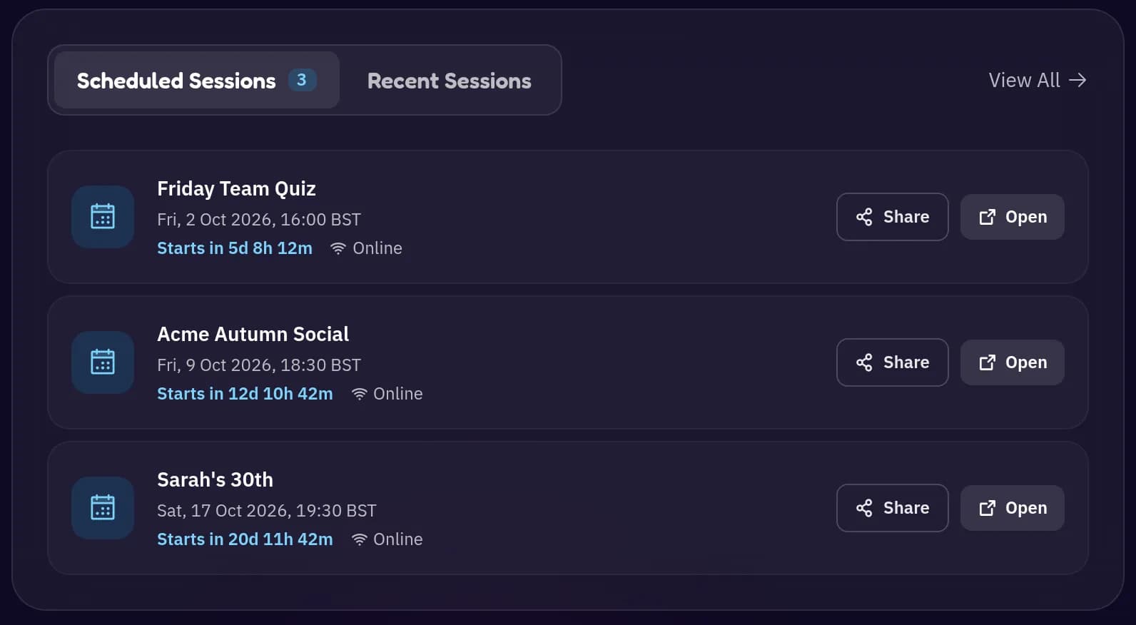 Dashboard Scheduled Sessions tab listing three upcoming events, each with a live countdown and Share and Open buttons