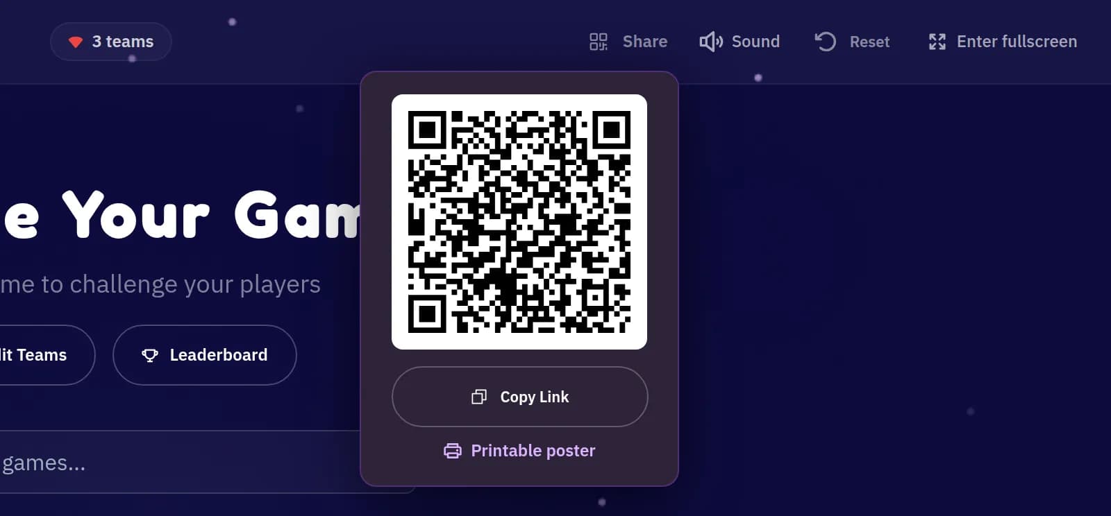Host screen top bar with the Share menu open, showing a QR code, the join link, a Copy button and a Printable poster link