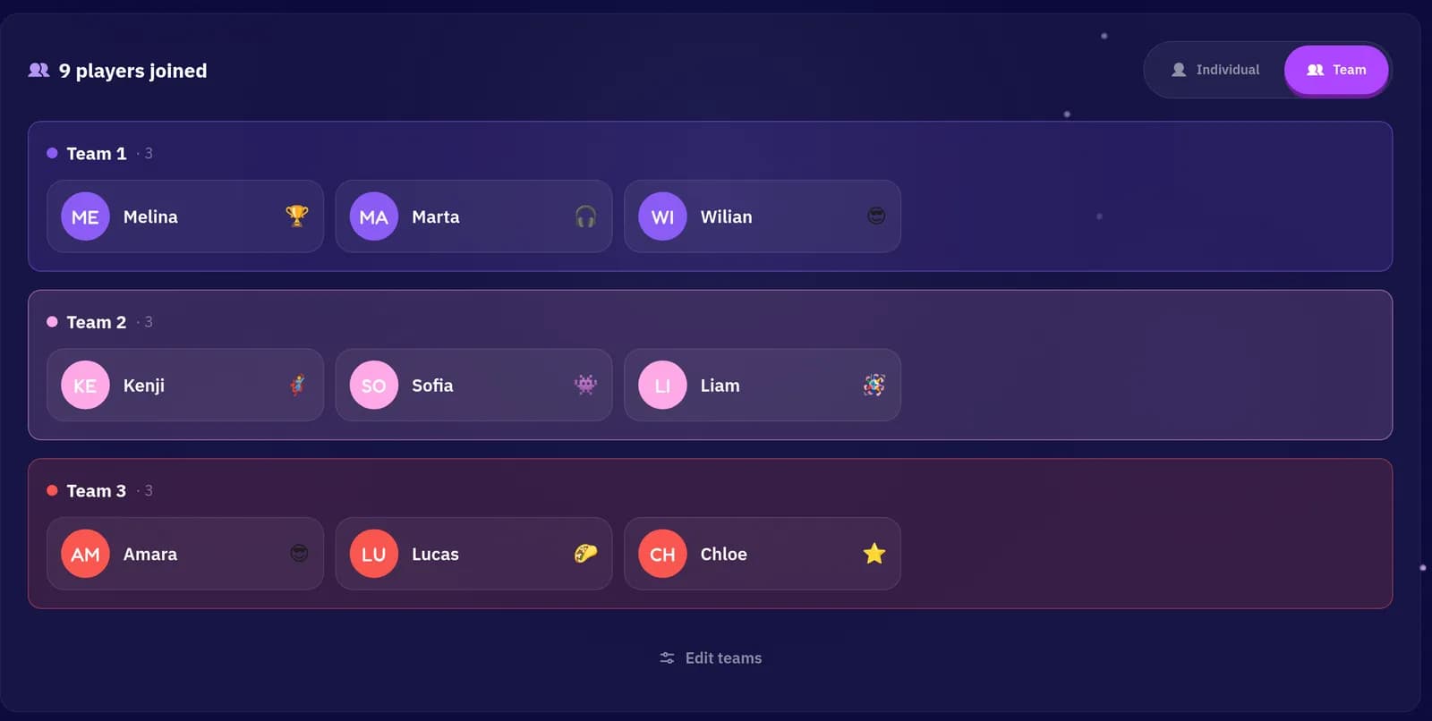 Host lobby with nine players split into three teams and the Individual and Team switch set to Team