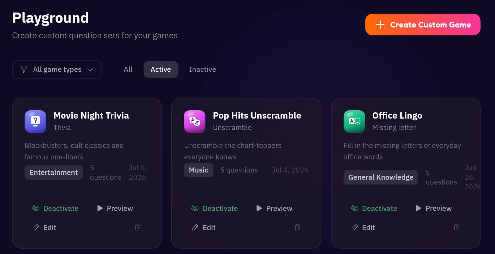 Playground listing custom question sets such as Movie Night Trivia, Pop Hits Unscramble and Office Lingo, with a Create Custom Game button
